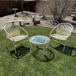 Mid Century Pair of Brown Jordan Kantan Garden Patio Chairs Chat Set with Table