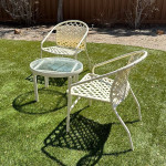 Mid Century Pair of Brown Jordan Kantan Garden Patio Chairs Chat Set with Table
