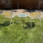 Mid Century Pair of Brown Jordan Kantan Garden Patio Chairs Chat Set with Table