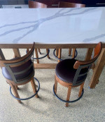 Gorgeous Fine Furniture; Quartz Table 5’x3’ and 4 Swivel Barstool Framed Cha