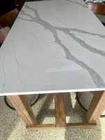 Gorgeous Fine Furniture; Quartz Table 5’x3’ and 4 Swivel Barstool Framed Cha