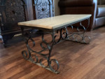 Rustic coffee/patio table w wrought iron base