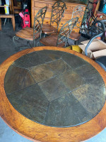 Solid wood/tile round table and 4 matching chairs