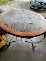 Solid wood/tile round table and 4 matching chairs
