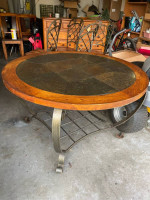 Solid wood/tile round table and 4 matching chairs