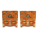 Pair Asian Teak & Burlwood Tansu Campaign Nightstands Chest End Table