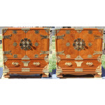Pair Asian Teak & Burlwood Tansu Campaign Nightstands Chest End Table