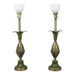 70s Serge Roche Style Green Tole Pineapple Torchiere Table Lamps, Pair