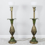 70s Serge Roche Style Green Tole Pineapple Torchiere Table Lamps, Pair