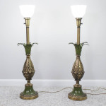 70s Serge Roche Style Green Tole Pineapple Torchiere Table Lamps, Pair