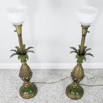 70s Serge Roche Style Green Tole Pineapple Torchiere Table Lamps, Pair