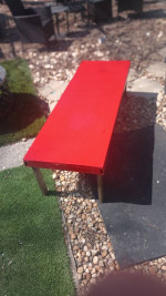 table, bench seat red wood n metal. 66 x 22 n 17 inch tall c my other ritems