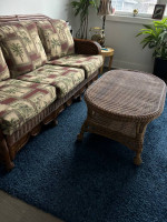 WICKER SOFA AND MATCHING TABLE