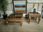 Rustic Tan Indian Style Carved Hard Wood Classic Coffee Plus End Table