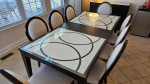 Dining Room Set. Kitchen Table with Leaf. Glass Top. Buffet Cabinet.