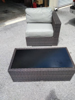 Kevin Charles outdoor chair and glass top coffee table