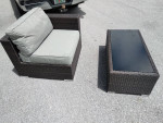 Kevin Charles outdoor chair and glass top coffee table