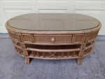RATTAN COFFEE TABLE WITH LEATHER TRIM