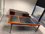 Used Table Desk and Credenza, Cherry Veneer, Black Inlay