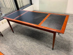 Used Table Desk and Credenza, Cherry Veneer, Black Inlay