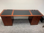Used Table Desk and Credenza, Cherry Veneer, Black Inlay