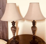 Set Of Faux Marble & Dark Brown Metal Table, Desk Lamps, Gold Trim Tan Shades