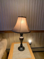 Set Of Faux Marble & Dark Brown Metal Table, Desk Lamps, Gold Trim Tan Shades