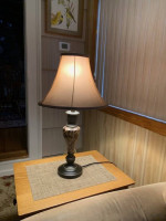 Set Of Faux Marble & Dark Brown Metal Table, Desk Lamps, Gold Trim Tan Shades