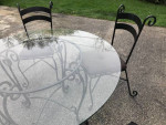 Heavy glass top real Wrought iron table/chairs-New $1800-I’m asking