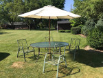 Patio table and 4 stackable chairs and umbrella  All for one price off