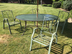 Patio table and 4 stackable chairs and umbrella  All for one price off