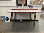 Cool retro red and white kitchen table , enamel  with aluminum legs.