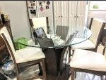 Table Glass Round Top, Wooden Base with 4-White Leather Covered Chairs