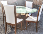 Table Glass Round Top, Wooden Base with 4-White Leather Covered Chairs