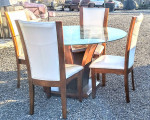 Table Glass Round Top, Wooden Base with 4-White Leather Covered Chairs