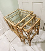 3 pc. Nesting side table set bamboo solid wood rattan glass top end sunroom livi