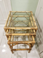 3 pc. Nesting side table set bamboo solid wood rattan glass top end sunroom livi