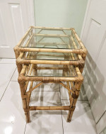 3 pc. Nesting side table set bamboo solid wood rattan glass top end sunroom livi