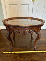 Antique carved tea table with glass lift off serving tray
