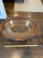 Antique carved tea table with glass lift off serving tray
