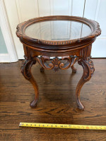 Antique carved tea table with glass lift off serving tray