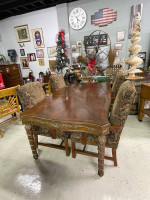 Beautiful wood table wleaf, & barley, twist, legs, gold accents, paired with 4 f