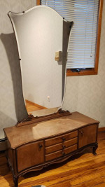 Hungarian Carved Solid Wood Low Dressing Table/Vanity and Makeup Stool