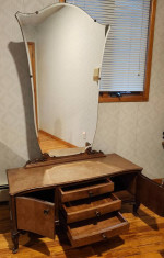 Hungarian Carved Solid Wood Low Dressing Table/Vanity and Makeup Stool