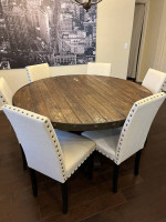 Antique reclaimed wood dinner table with iron/rivets and chairs