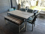 Patio table, chairs and bench with cushions
