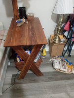 Solid oak end table with light and magazine basket