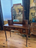 Antique Wood Vanity Dressing Table w/ Mirror