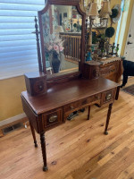 Antique Wood Vanity Dressing Table w/ Mirror