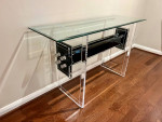 Modern Double H Lucite and Glass Top Console Table, By Muniz